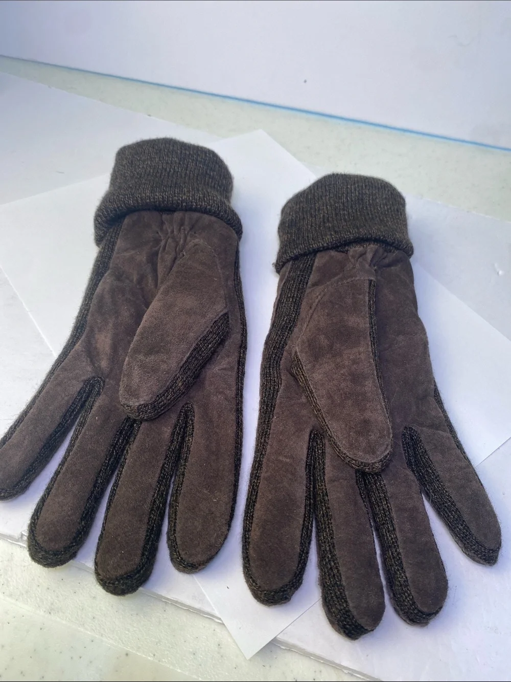 Women’s Leather & Knit Dark Brown Gloves Fleece Lined Size Small-Medium